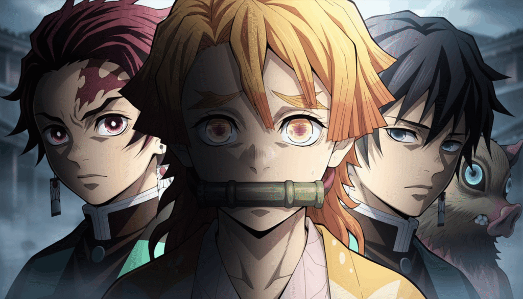 Demon Slayer characters, split face lighting