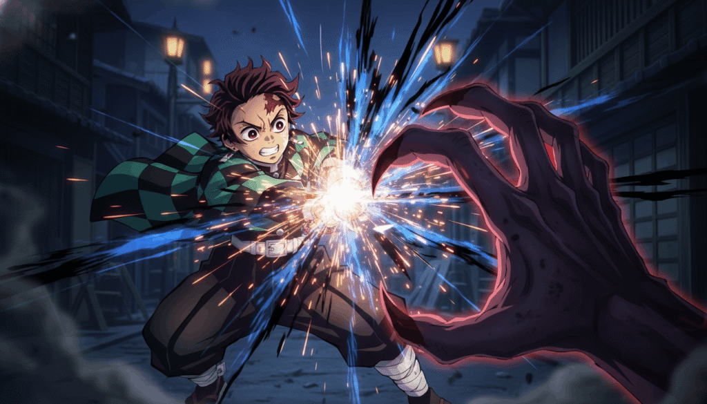 Demon fights, anime sword clashing with demon claws, sparks