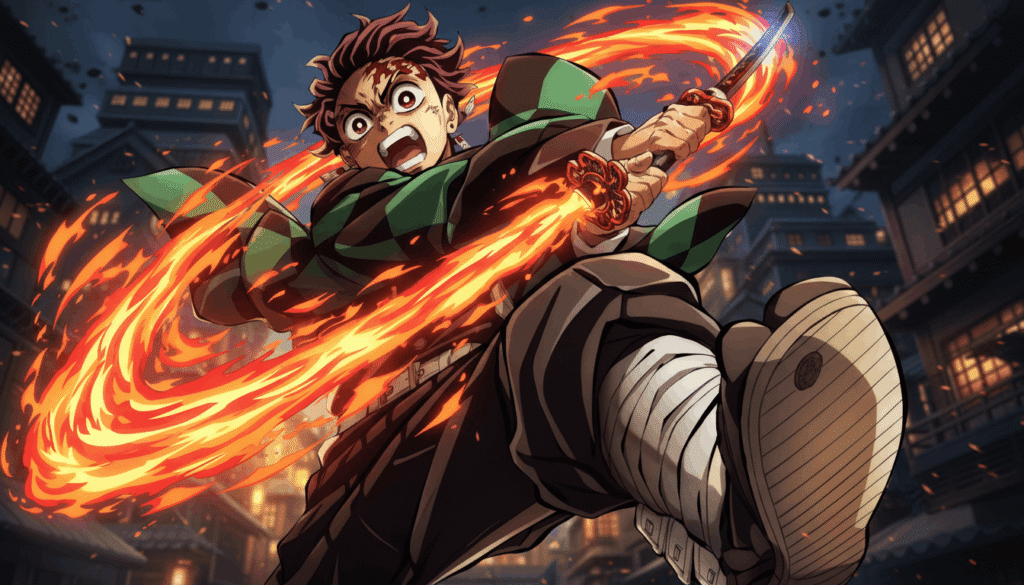 Demon fights, anime swordsman using fire attack