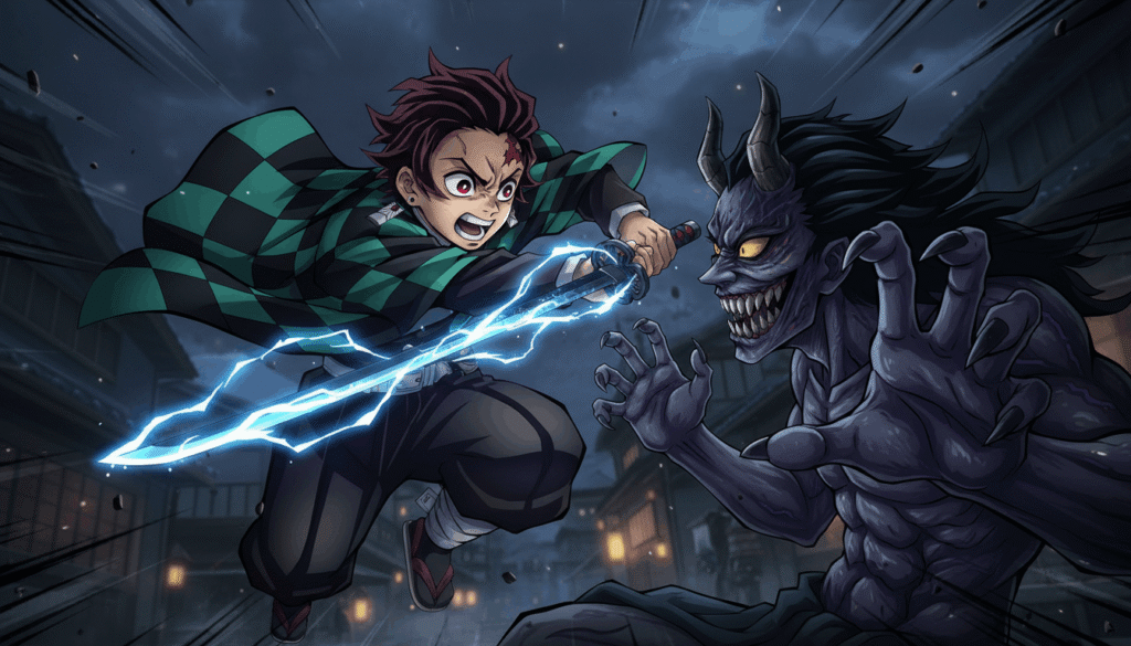 Demon fights, anime warrior attacking demon at close range