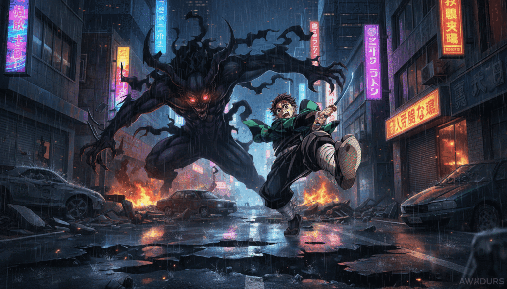 Demon fights, anime warrior battling demon in city street