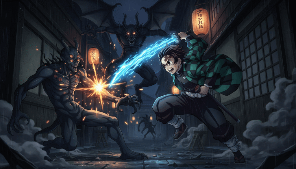 Demon fights, anime warrior fighting demons at night