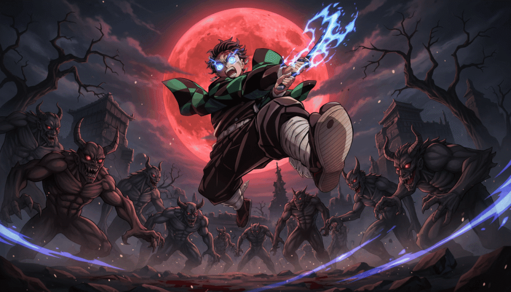 Demon fights, anime warrior fighting under red blood moon