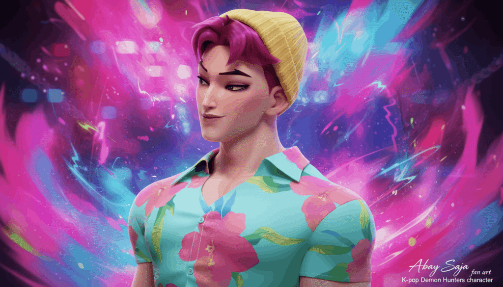 Fan art of a young K-pop inspired male character with purple hair, yellow beanie