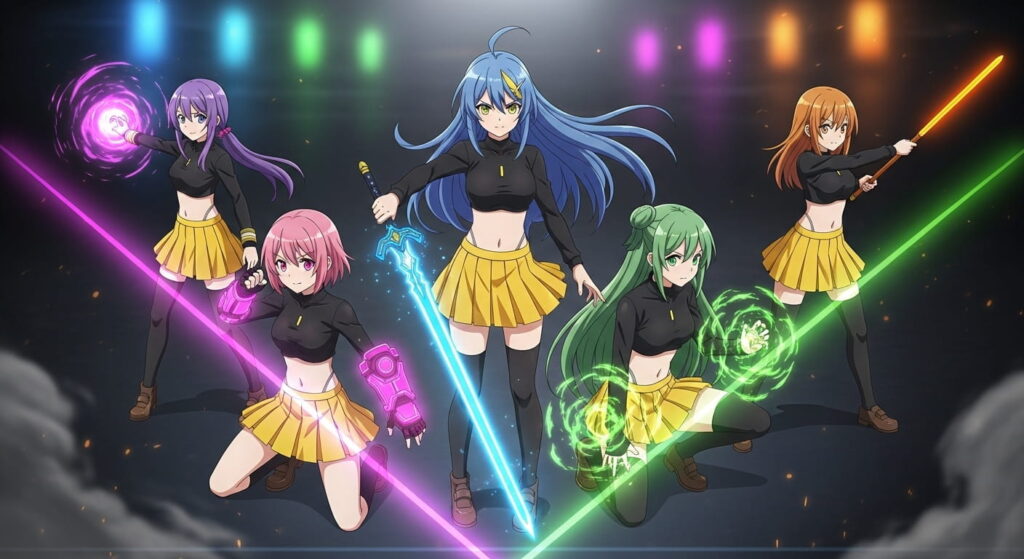 Five anime girls wielding swords, illuminated by colorful lights