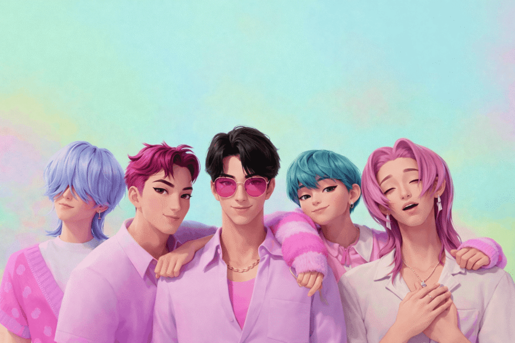 Four boys with pink hair and sunglasses pose together