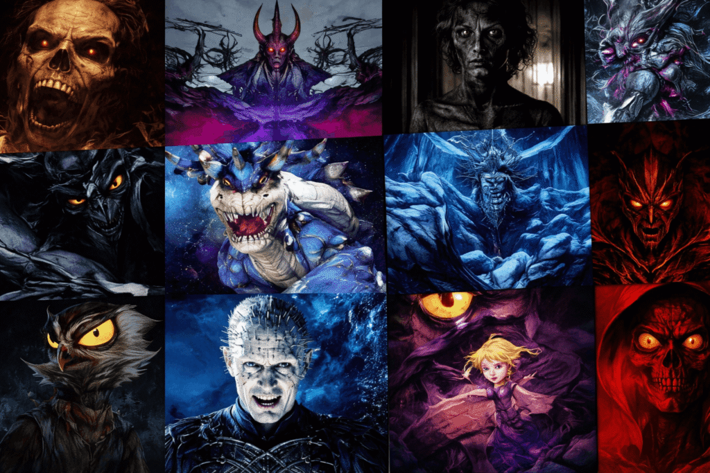 Horror character collage featuring demons