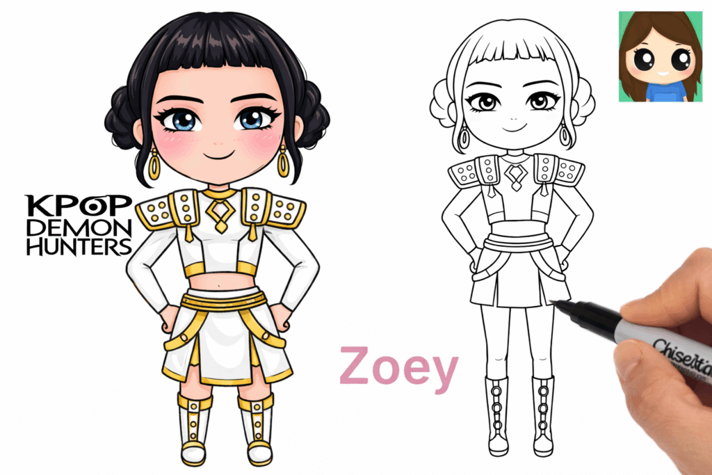 Illustration guide on drawing K-pop demon hunter character Zoey