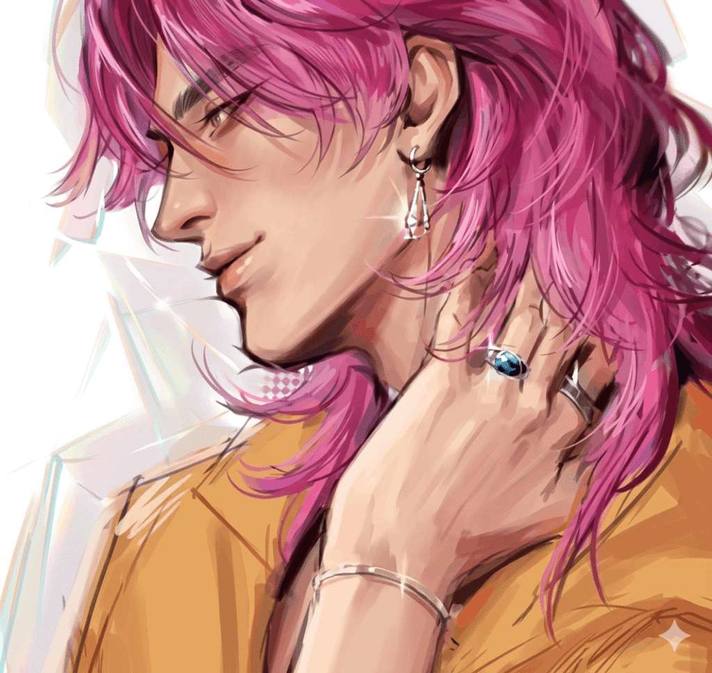 Illustration of a woman with striking pink hair