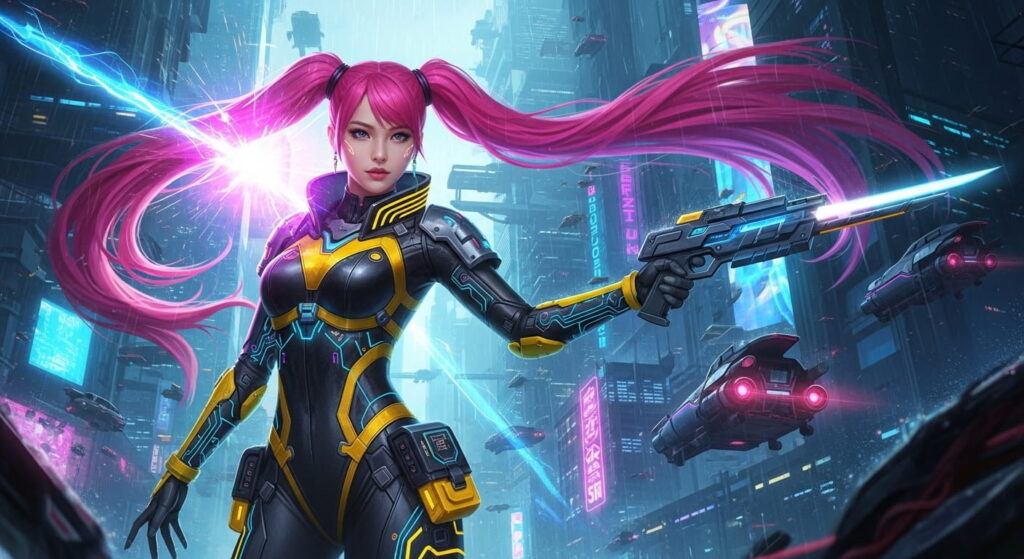 In a city setting, a female character with pink hair brandishes a gun
