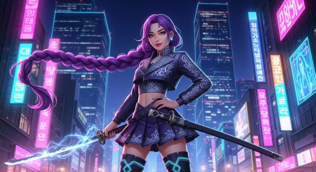 In a city setting, a woman with vibrant purple hair wields a sword