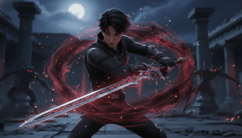 Jinu Kpop demon hunter battle with sword, dark red aura power