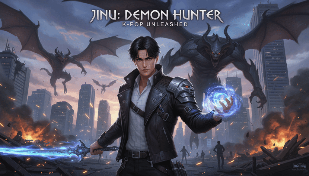 Jinu Kpop demon hunter cinematic poster art, ultra detailed illustration