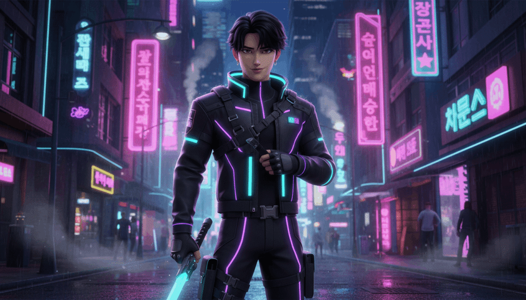 Jinu Kpop demon hunter cool idol pose, neon city background