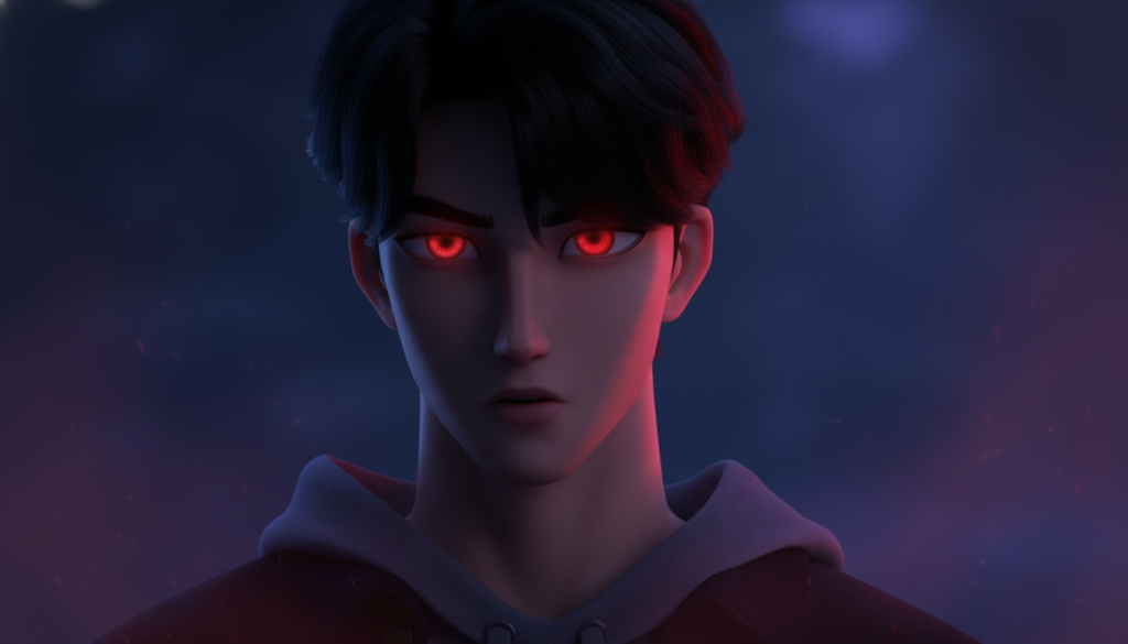 Jinu Kpop demon hunter villain style portrait, glowing red eyes, dramatic lighting