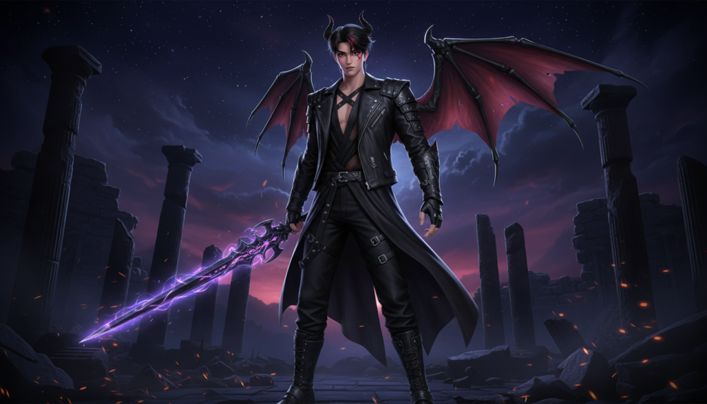 Jinu Kpop idol demon warrior, black outfit, dark fantasy kpop aesthetic