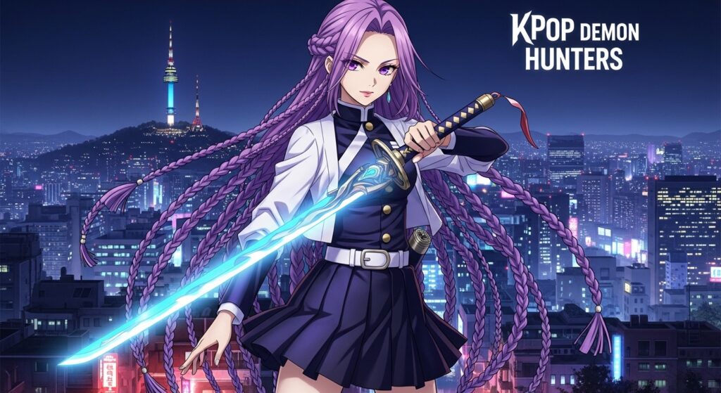 K-pop demon hunters wallpaper featuring vibrant characters in action poses against a dark