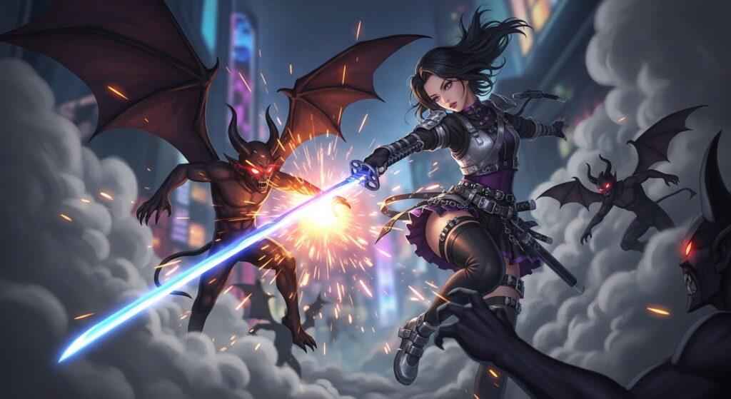 Mira K-pop Demon Hunters, attacking demons with glowing weapons