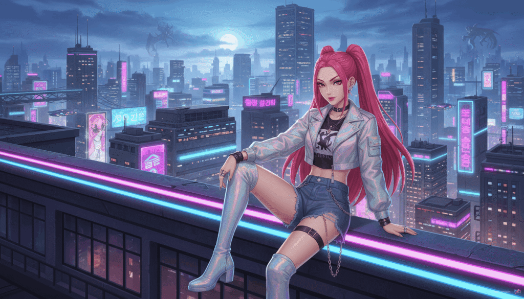 Mira K-pop Demon Hunters, sitting on neon-lit rooftop