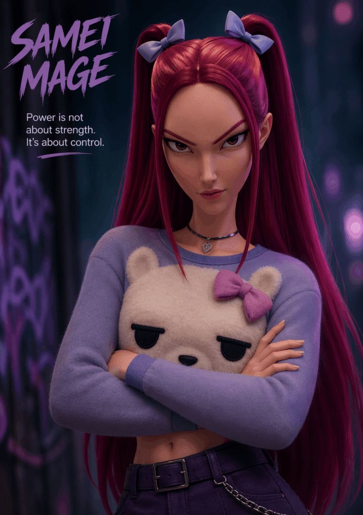 Mira, K-pop demon hunter girl with pink twin ponytails holding a teddy beat