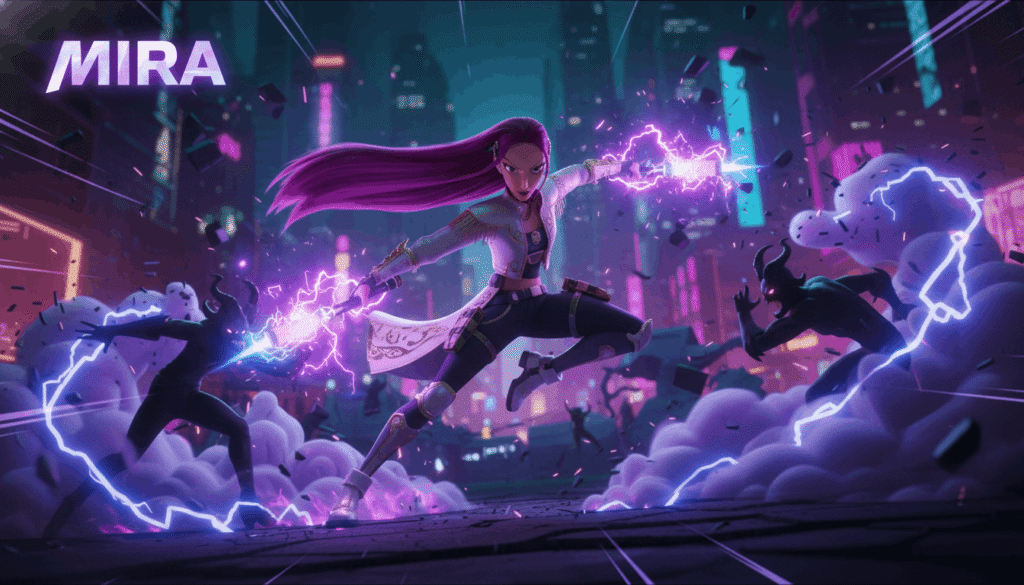 Mira Kpop demon hunter battle scene with purple and blue energy effects