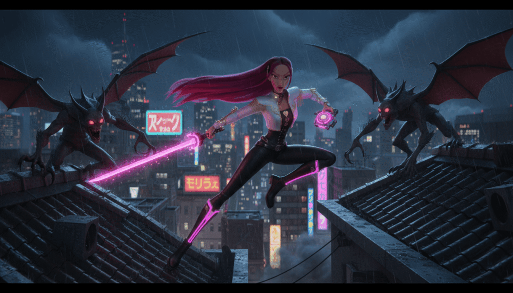 Mira Kpop demon hunter fighting demons on rooftop, cinematic night scene