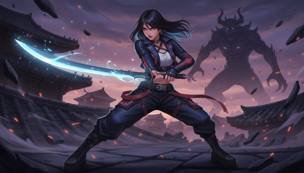 Mira Kpop demon hunter warrior girl, holding gok-do sword, intense battle pose