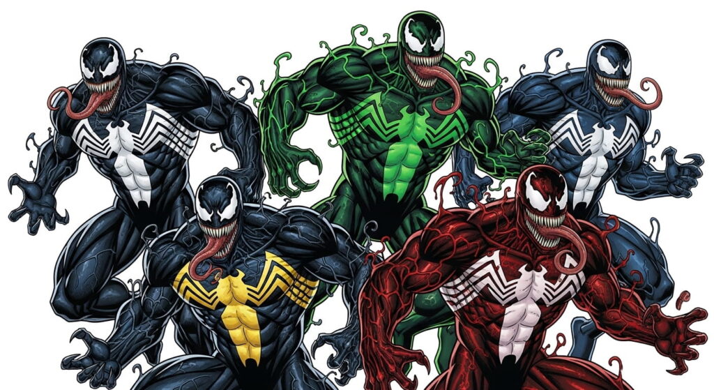 Multiple venom-style symbiote villains standing together