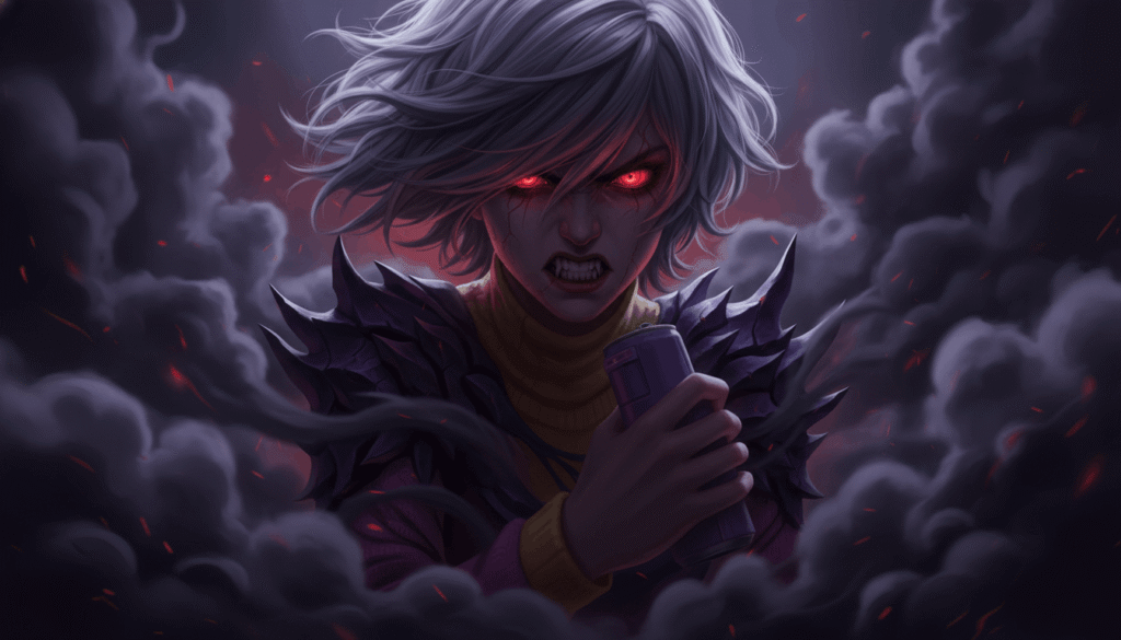 Mystery Saja demon transformation, glowing red eyes