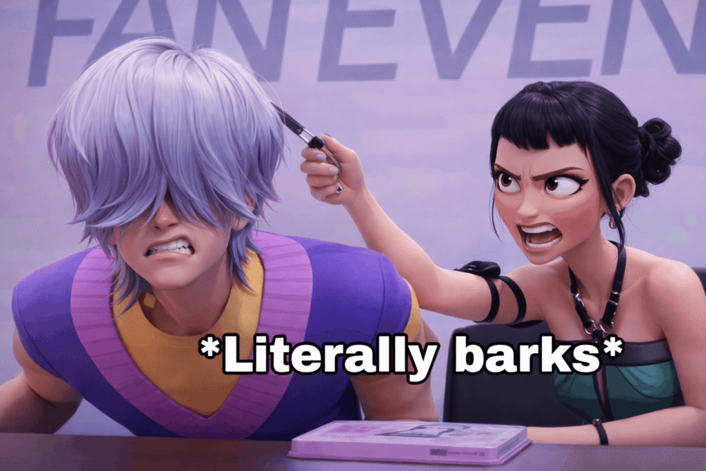 Mystery Saja male K-pop demon hunter with silver hair getting haircut by angry female character