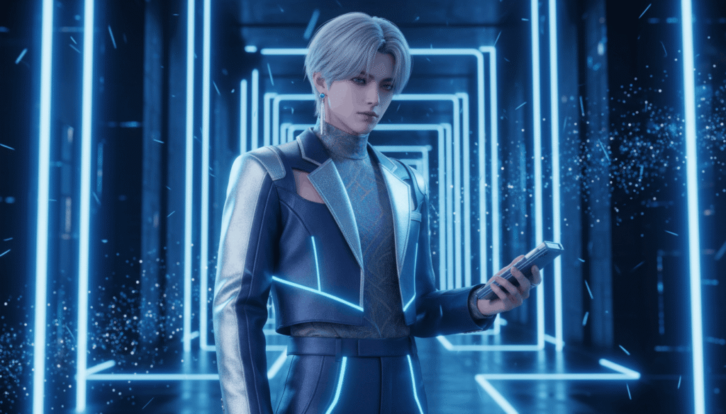 Mystery Saja male idol, cool blue neon lights