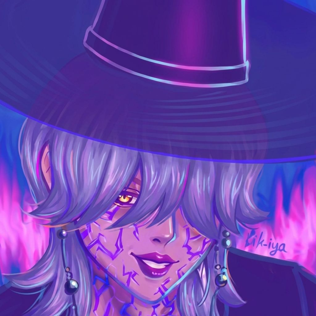 Mystery saja of a witch with purple hair wearing a classic pointed hat