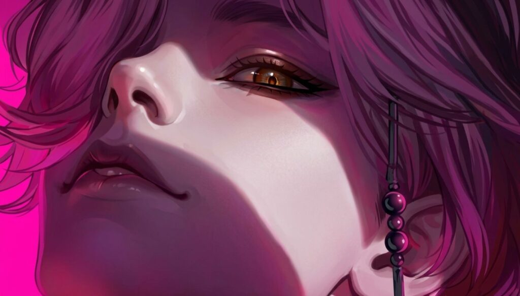 Mystery saja with vibrant purple hair stands against a soft pink background