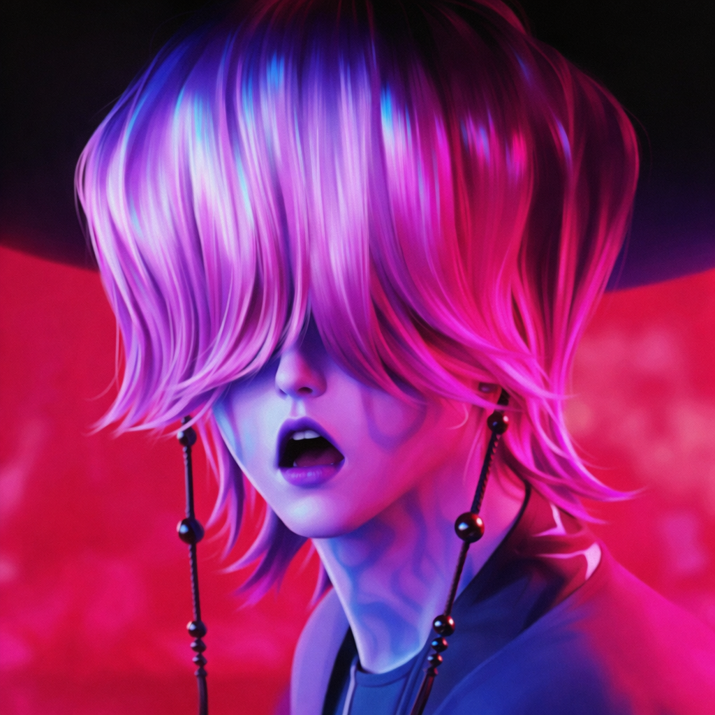 Neon cyberpunk portrait of a mysterious character with pink and purple hair covering the face.