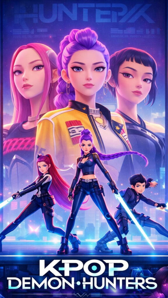 Poster for Kpop Demon Hunters, featuring vibrant colors