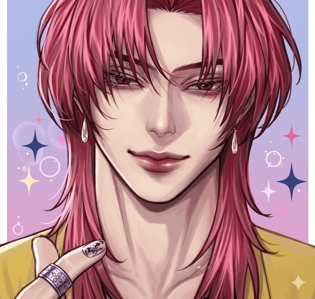 Romance Saja character with pink hair wearing a ring