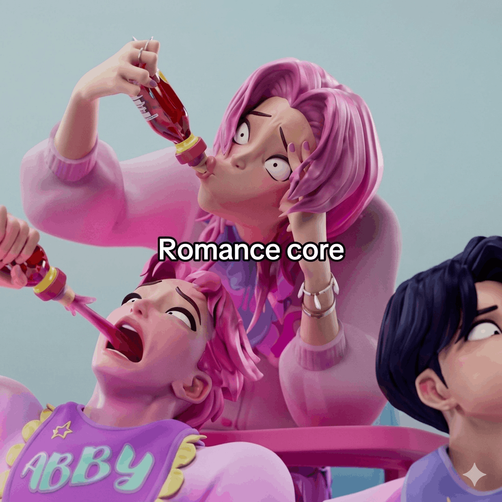 Romance Saja with pink hair are drinking from a bottle