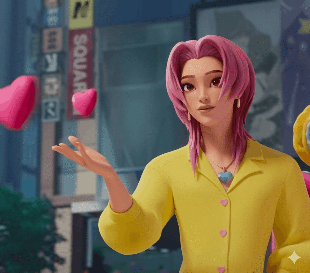 Romance Saja with pink hair in a yellow shirt