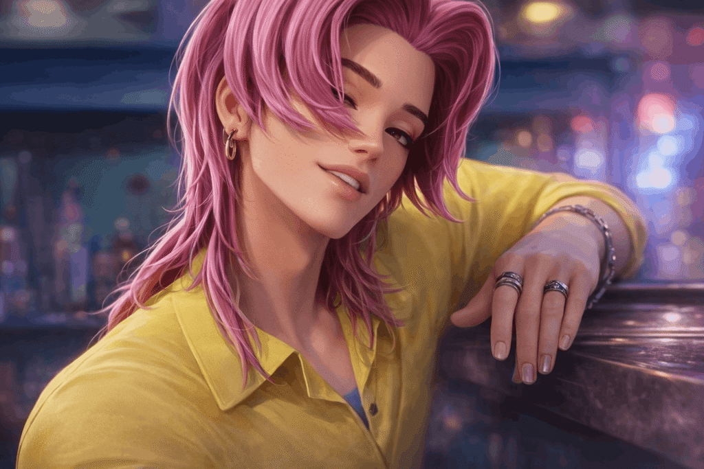 Romance Saja with pink hair wearing a bright yellow shirt