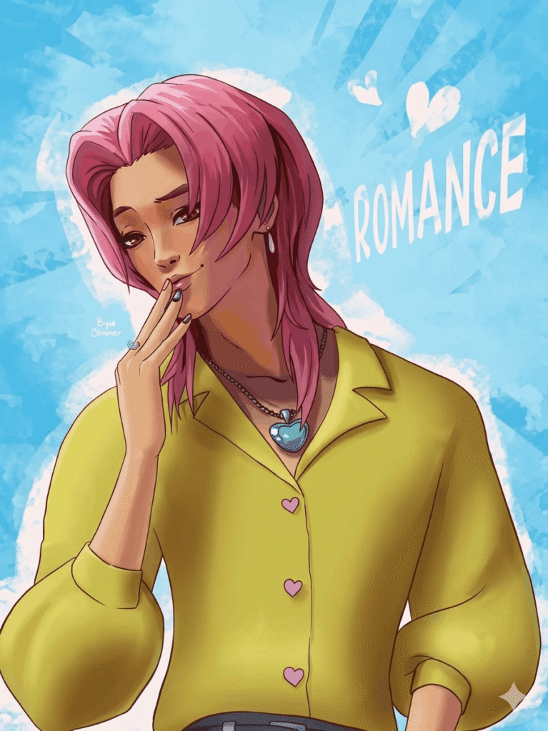 Romance Saja with pink hair wearing a bright yellow shirt smiles at the camera