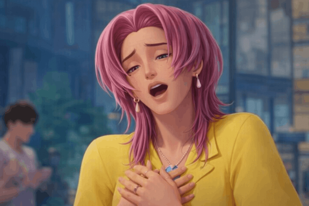 Romance Saja with pink hair wearing a bright yellow shirt smiles at the camera