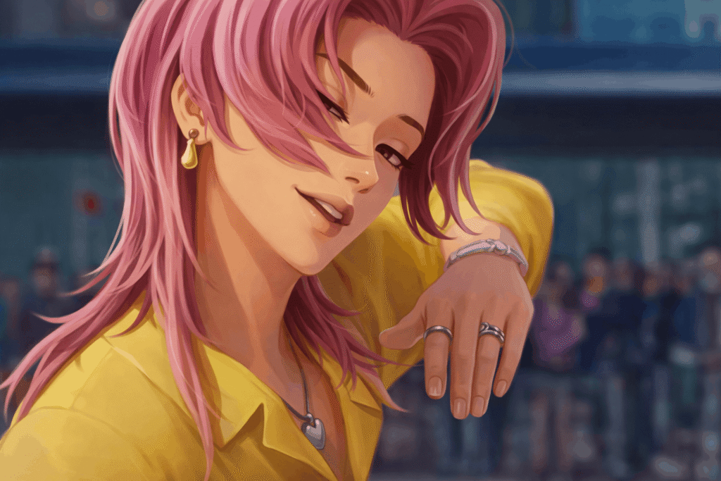Romance Saja with pink hair wearing a bright yellow shirt stands smiling