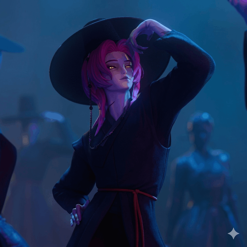 Romance Saja with purple hair wearing a stylish black hat