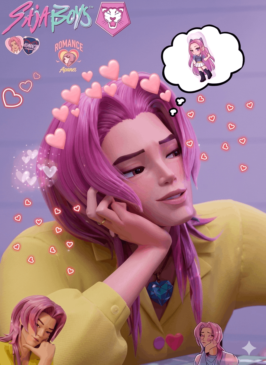 Romance Saja with vibrant pink hair adorned with a heart-shaped accessory on her head