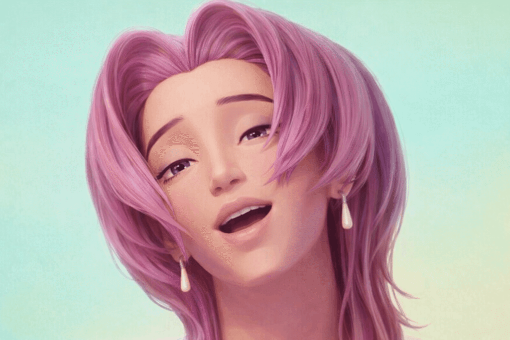 Romance Saja with vibrant pink hair wearing a matching pink dress