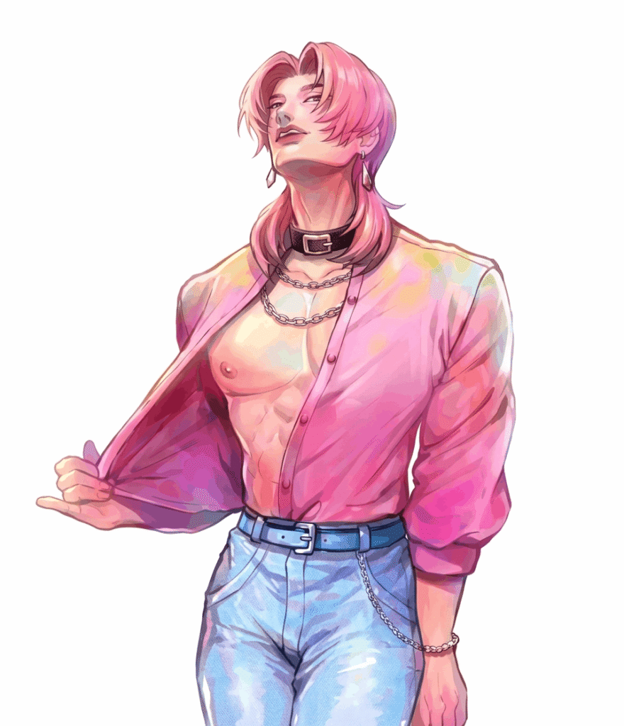 Romance Saja with vibrant pink hair wearing casual jeans stands confidently