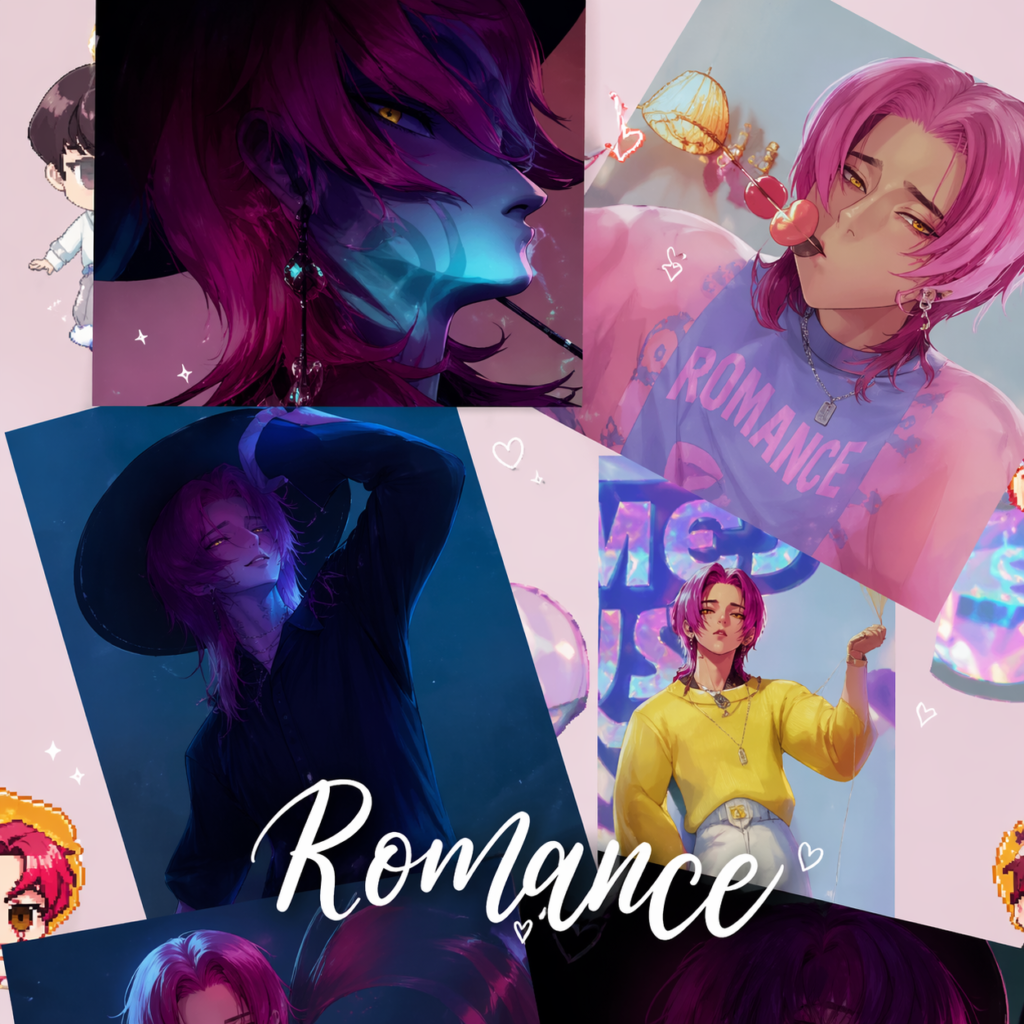 Romantic anime character collage wallpaper with pink-haired boy and aesthetic vibes