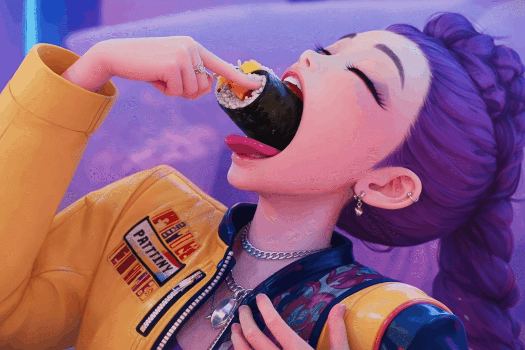 Rumi K-pop demon hunter girl eating kimbap, purple hair