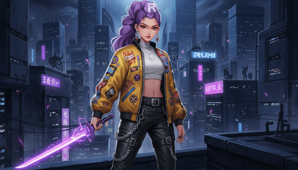 Rumi Kpop demon hunter leader, purple glowing sword, dark city background