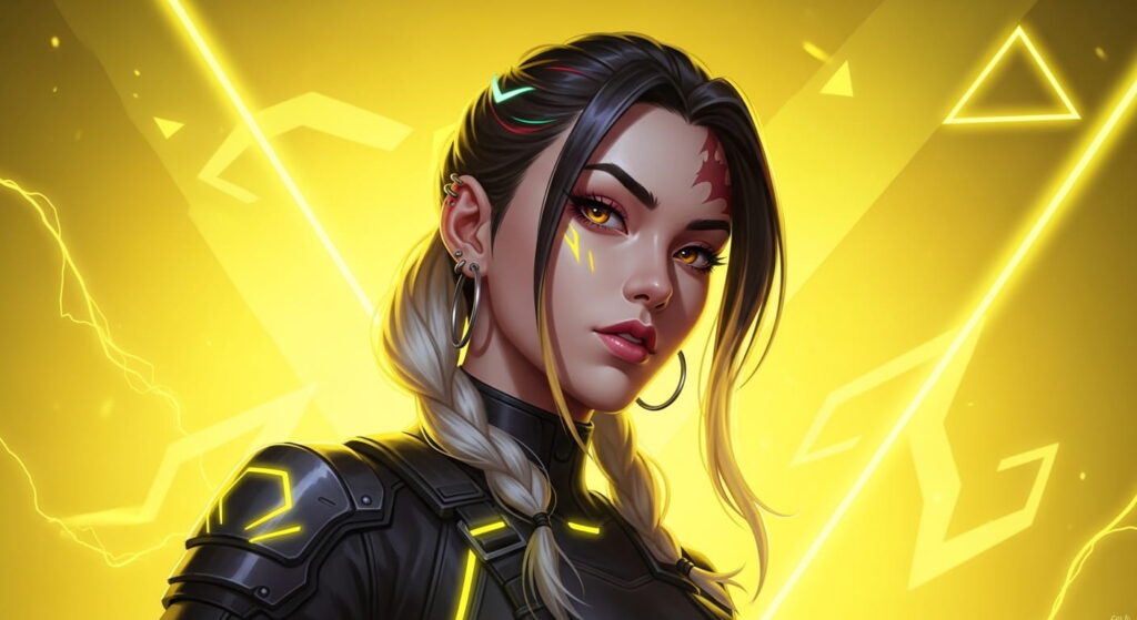 Rumi Kpop demon hunter portrait, confident leader expression, yellow neon background